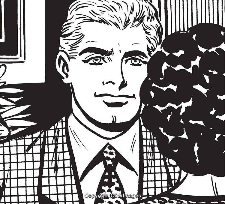 Retro Illustration of Businessman in Classic Attire Facing a Female Companion