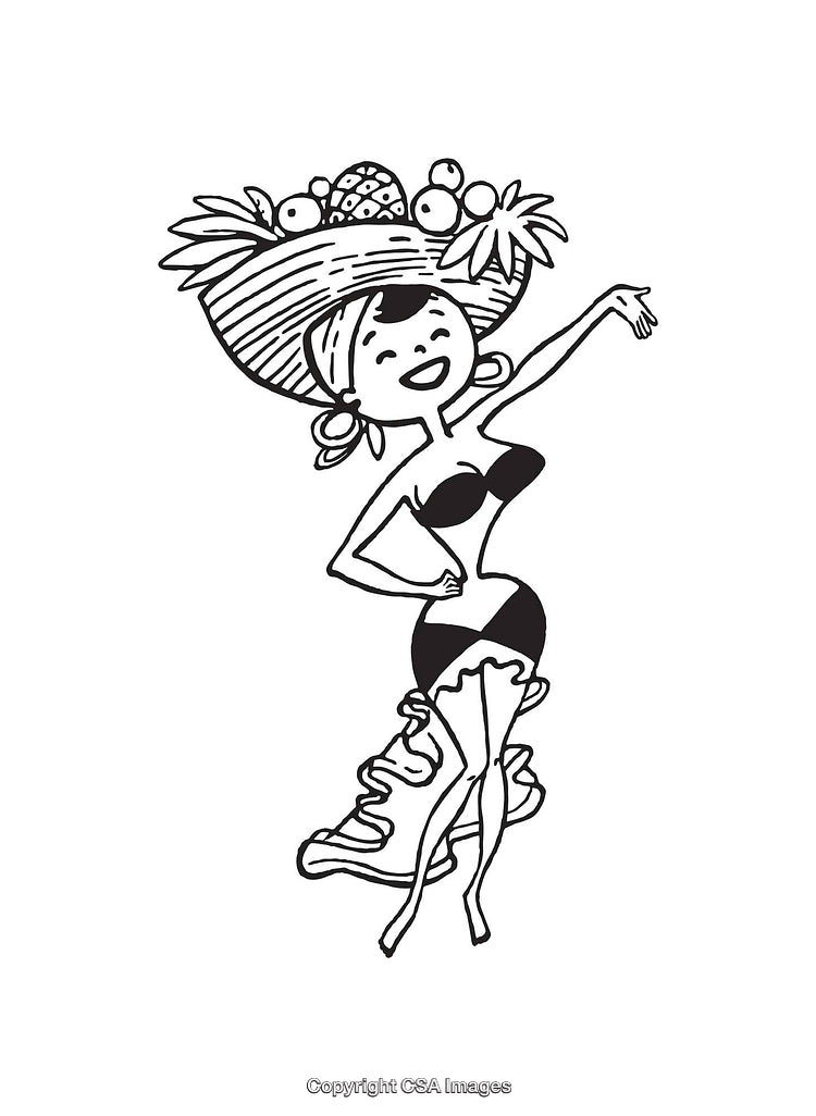 Cheerful Illustration of Dancing Fruit Hat Woman in Line Art Drawing