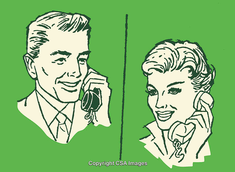 Retro Line Art of Two People Talking on Telephones in Classic Style