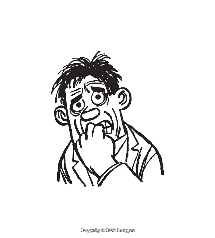 Black and White Cartoon of a Nervous Man Chewing Fingernails