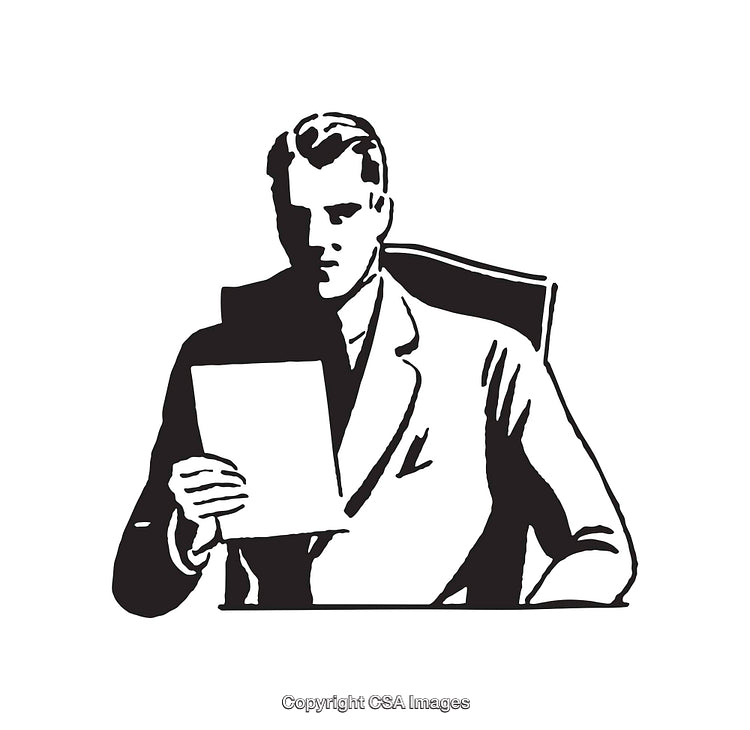 Black and White Line Art of a Businessman Reading a Document