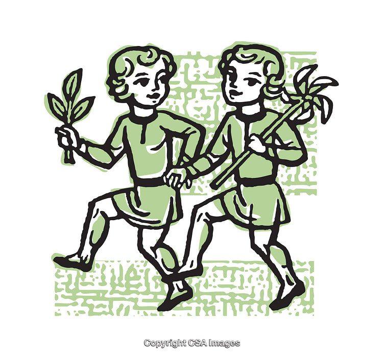 Playful Illustration of Two Figures Holding Leaves and Branches
