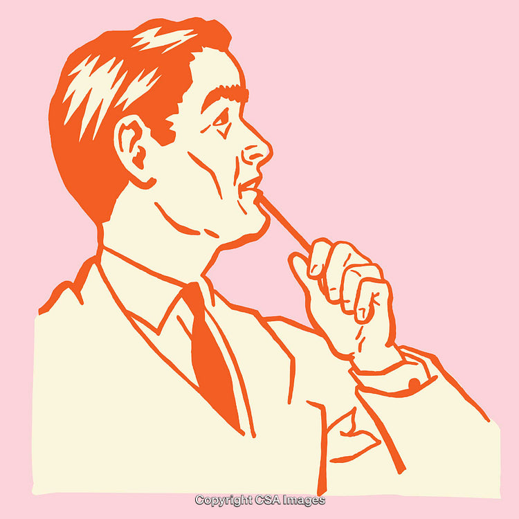 Retro Styled Illustration of a Man in Thoughtful Pose on Pink Background