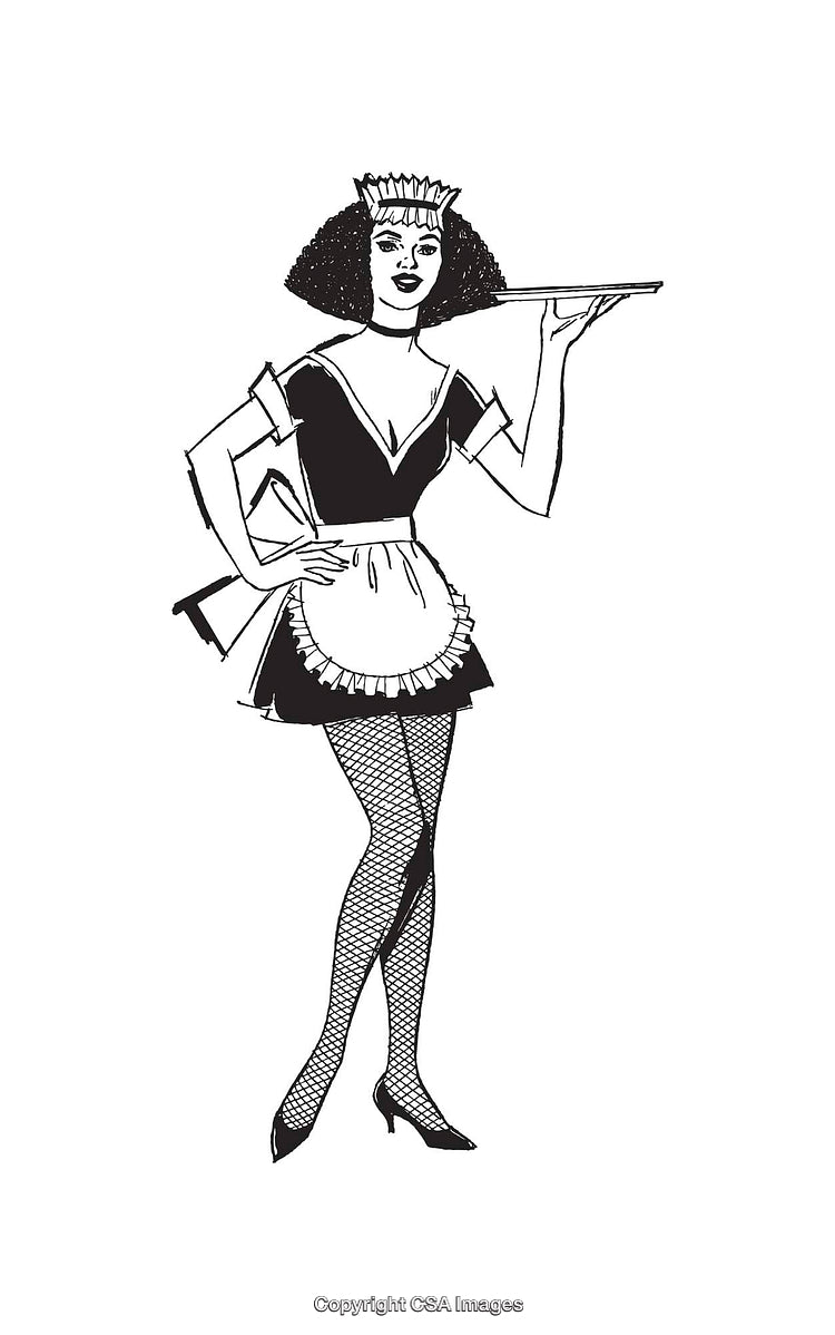 Retro Style Black and White Illustration of a Waitress Holding a Tray