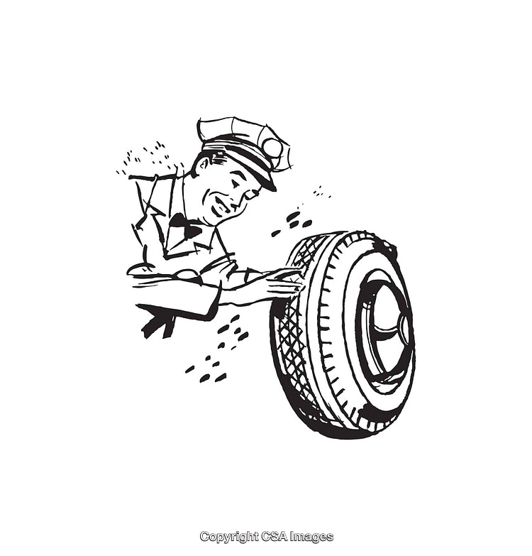 Vintage Illustration of a Worker Inspecting a Car Tire