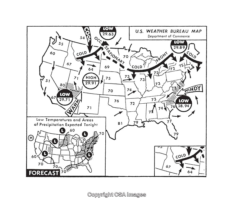 Vintage Styled Black and White U.S. Weather Bureau Map Illustration