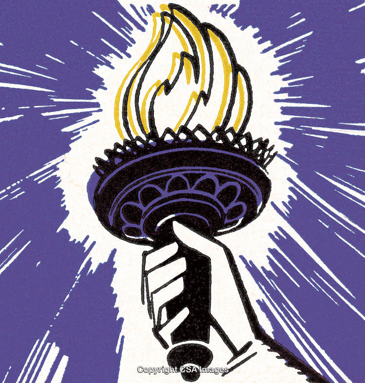 Hand Holding a Torch with a Radiant Flame on Purple Background