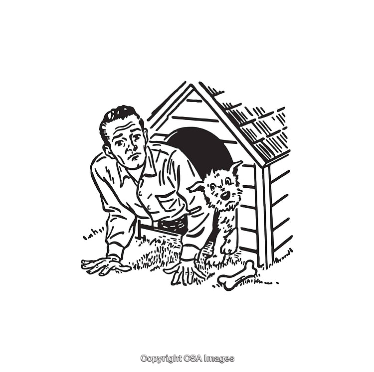 Man and Dog Emerging from Doghouse in Vintage Black and White Line Art