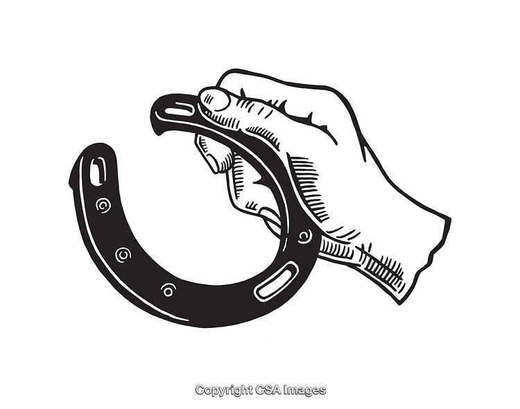 Illustration of a Hand Holding a Horseshoe in Black and White Line Art Style