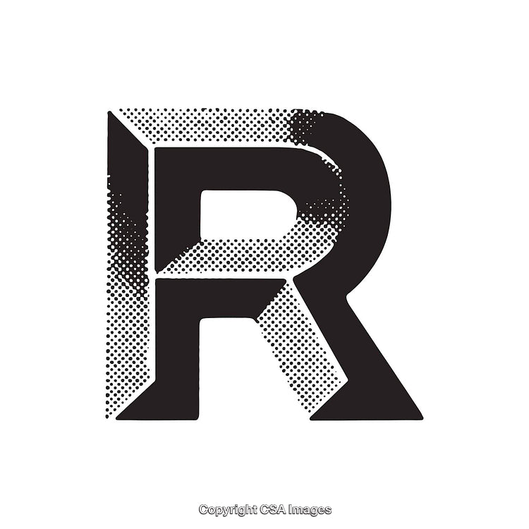 Bold Halftone Letter R with Vintage Effect on White Background