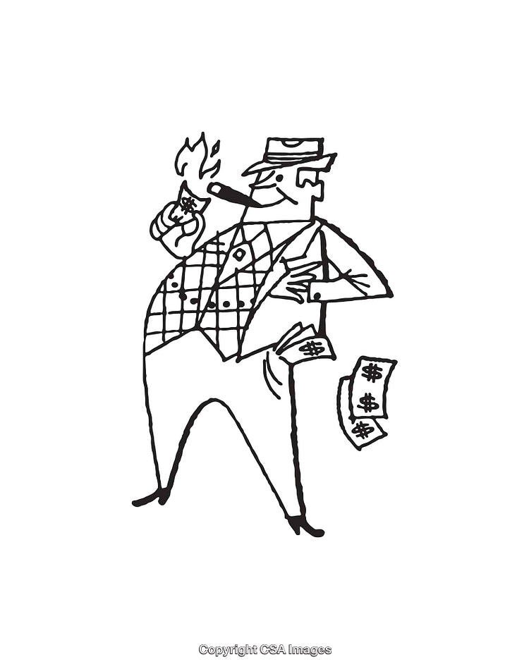 Vintage Line Art Illustration of Man with Money and Cigar