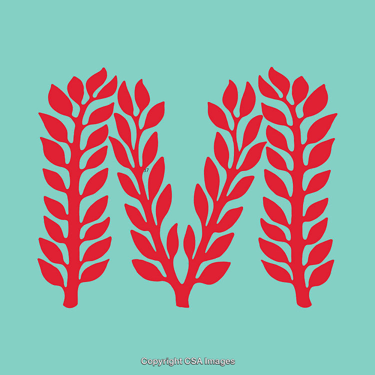 Red Ornamental Letter M Design on a Light Blue Background