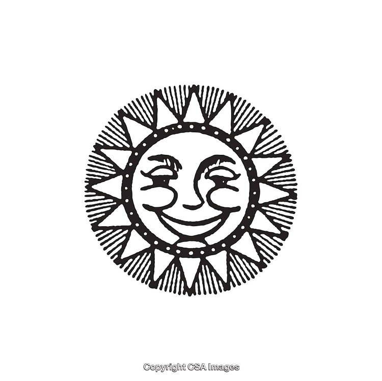 Black and White Artistic Illustration of a Smiling Sun with Decorative Rays