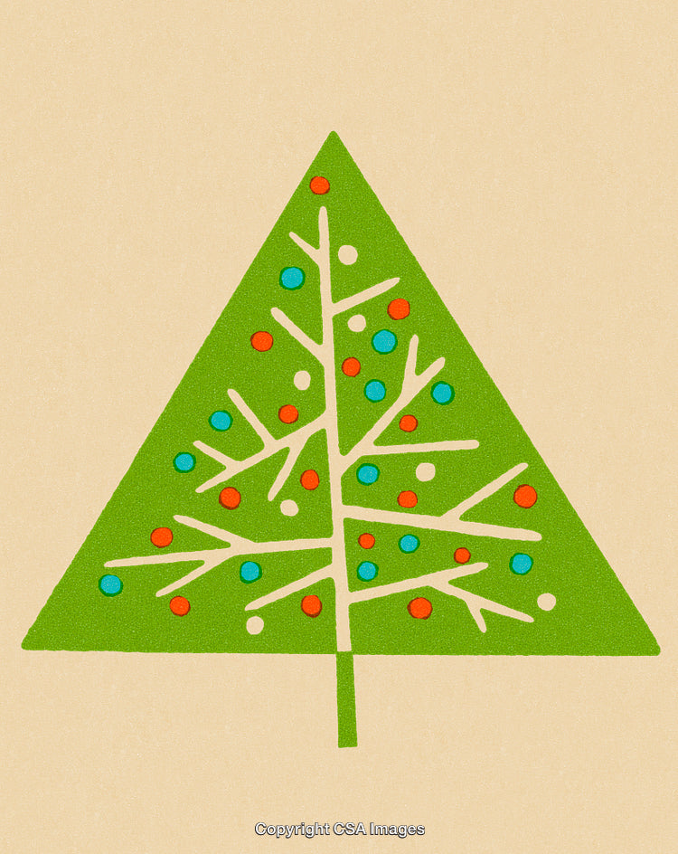 Abstract Green Christmas Tree with Colored Decorations on Beige Background