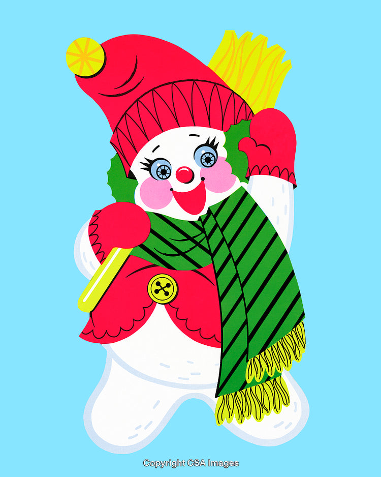 Cheerful Snowman Illustration With Scarf and Hat in Holiday Colors
