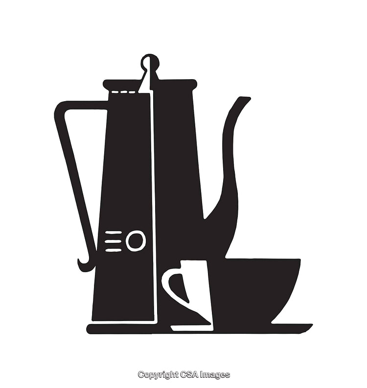 Black and White Line Art Illustration of Coffee Pots and Cups
