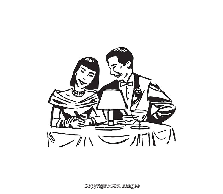 Vintage Black and White Line Art of Elegant Dining Couple