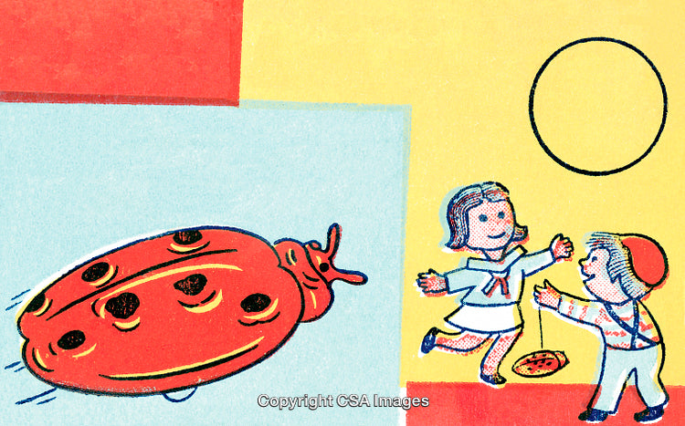 Colorful Illustration of Children Playing with a Ladybug Toy Outdoors