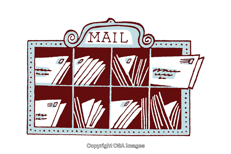 Whimsical Illustration of Organized Mail Envelopes in Compartments