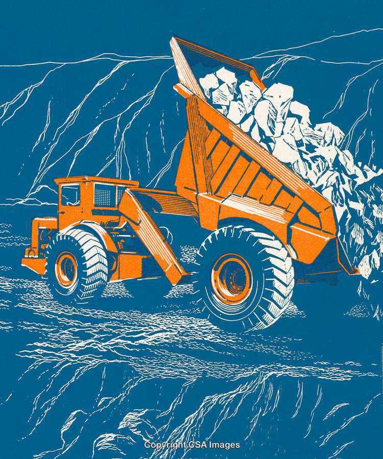 Artistic Illustration of an Industrial Dump Truck in Operation at a Quarry
