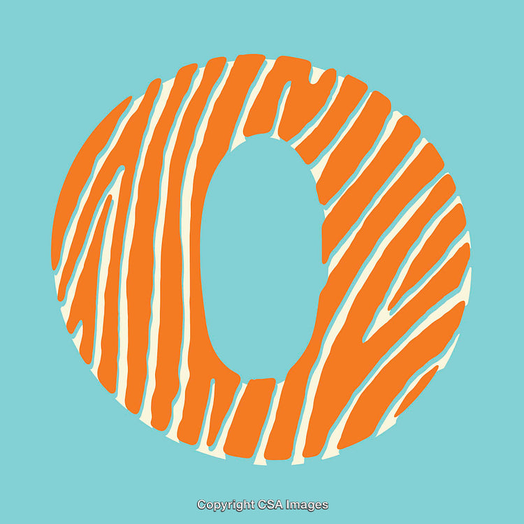 Orange Zebra-Patterned Letter O on Light Blue Background