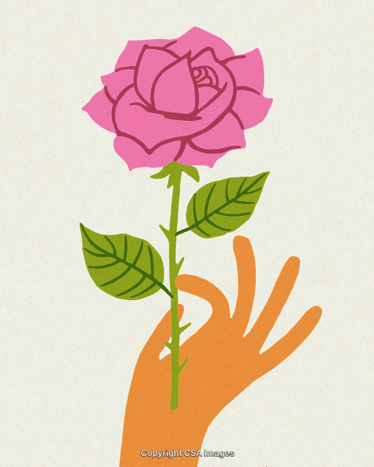 Illustrative Orange Hand Holding a Vibrant Pink Rose