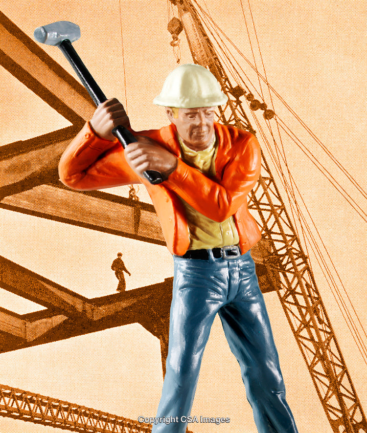 Construction Worker Figurine with Hammer on Bridge Framework Background