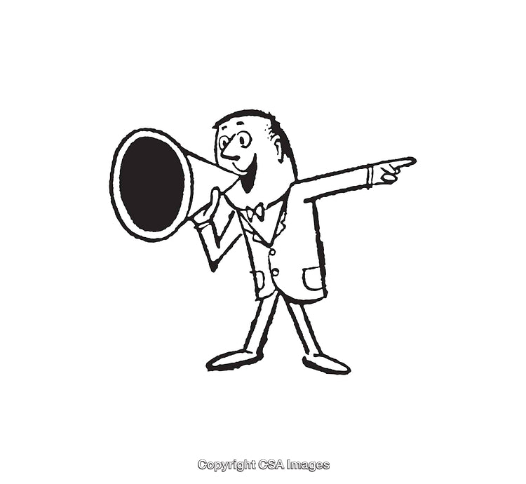 Vintage Style Black and White Cartoon of Man Speaking Through Megaphone