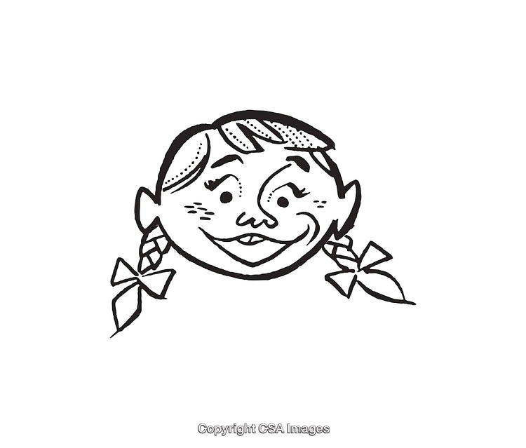 Black and White Line Art Illustration of a Cheerful Girl Character