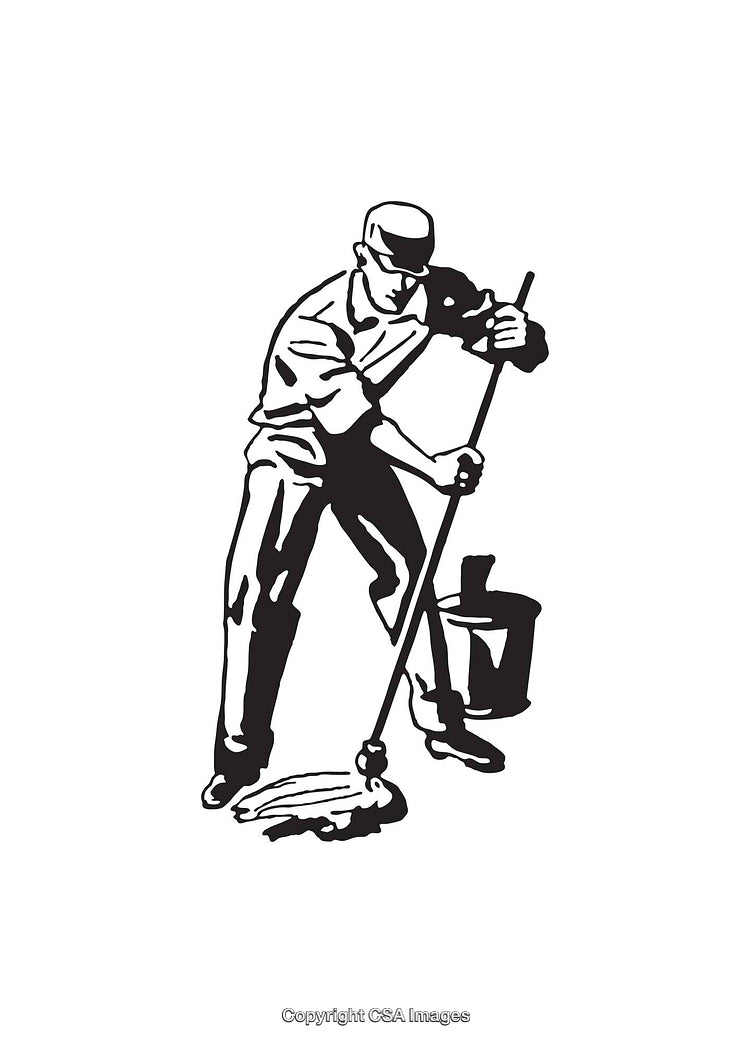Black And White Illustration of a Person Mopping With Bucket Nearby