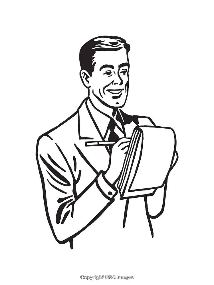 Retro Line Art Illustration of a Smiling Businessman with Notepad