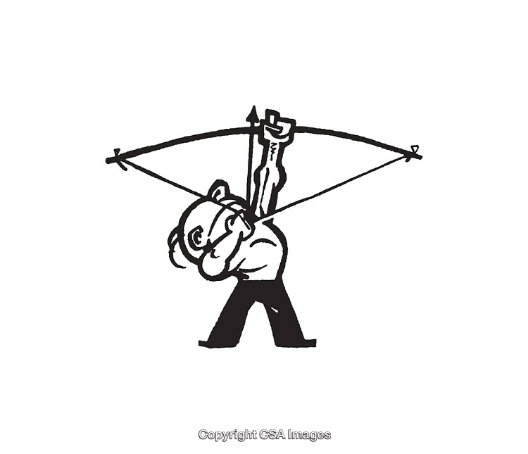 Man Aiming Archery Bow in Black and White Line Art Illustration