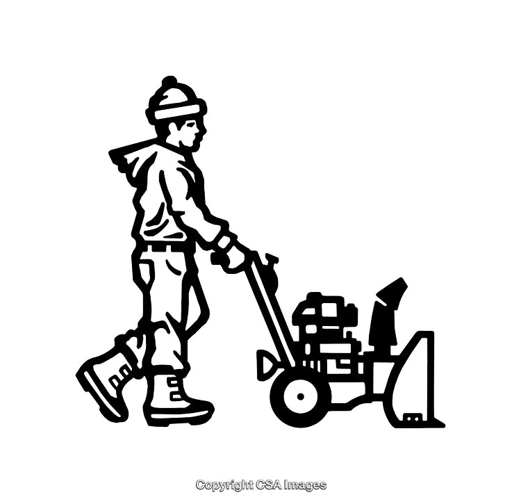 Man Operating Snow Blower in Winter Black and White Line Art Illustration
