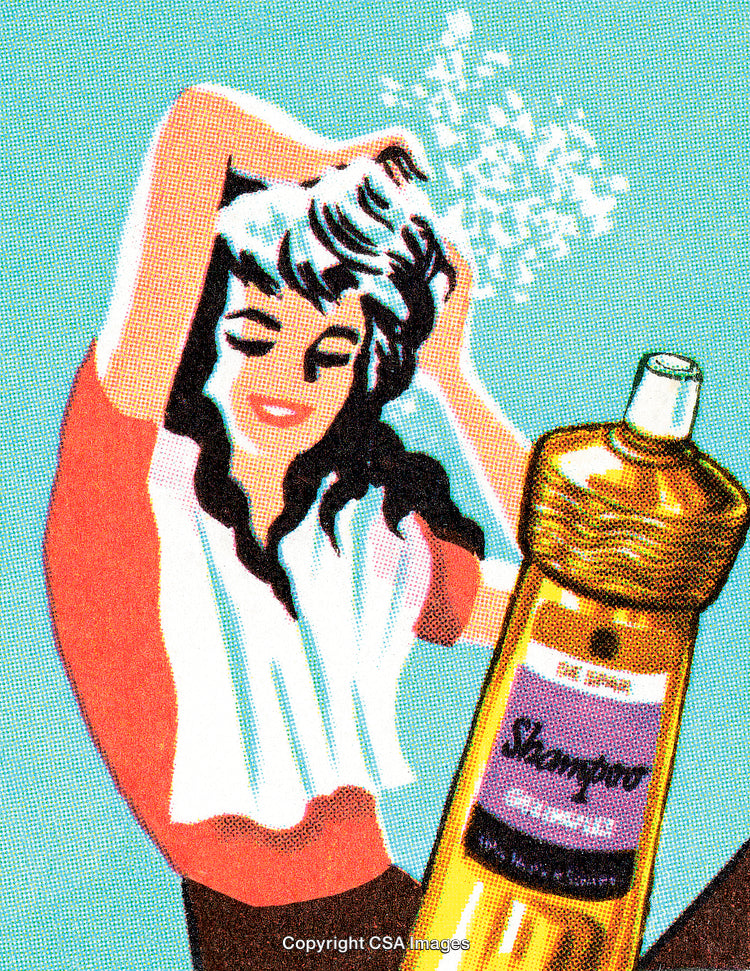 Retro Styled Illustration of Woman Washing Hair with Shampoo