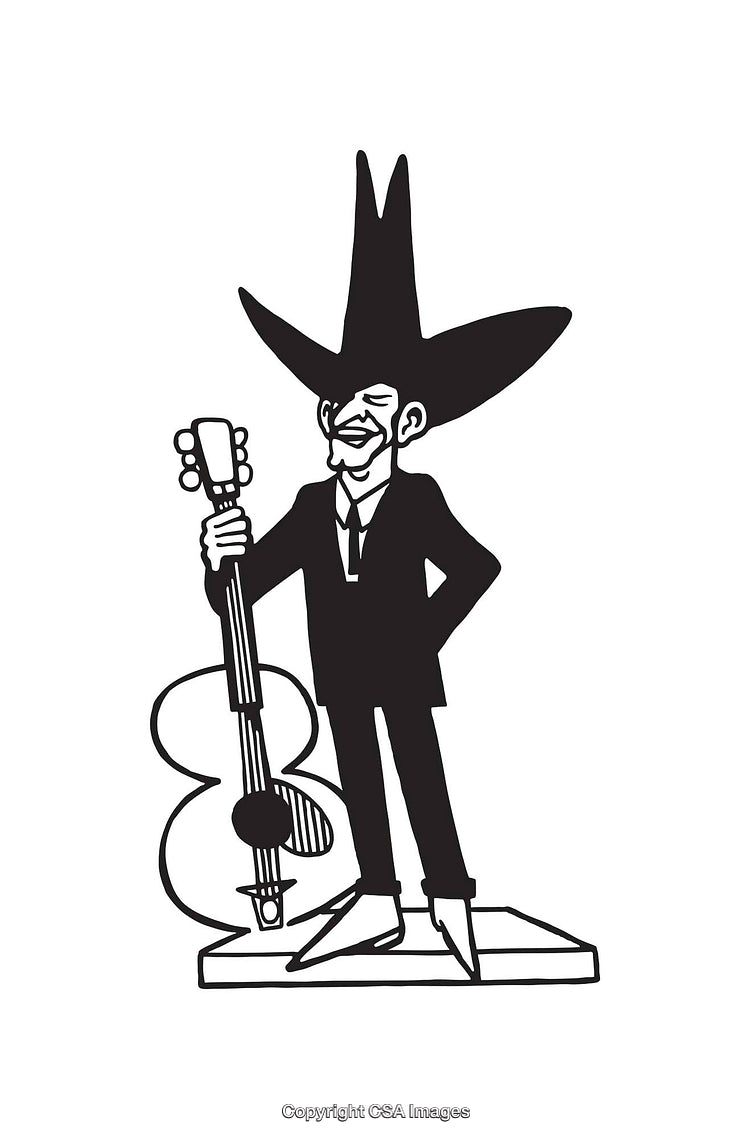 Black and White Line Art of a Guitar Player with Large Hat