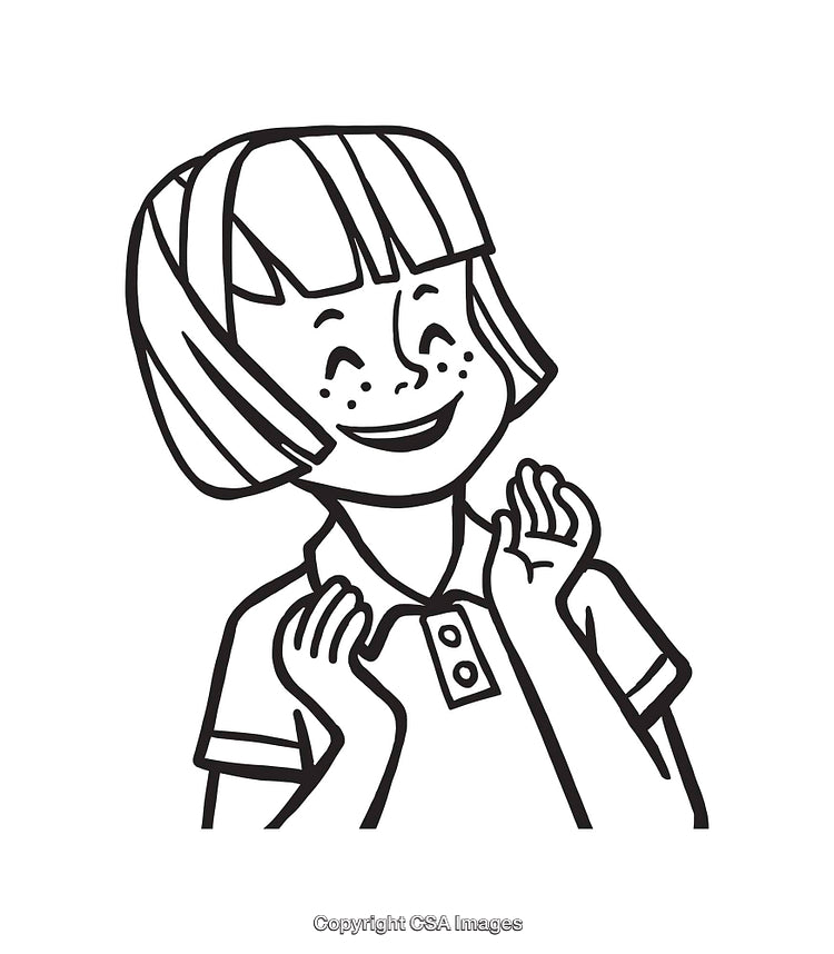 Smiling Girl in Black and White Line Art Illustration with Happy Expression