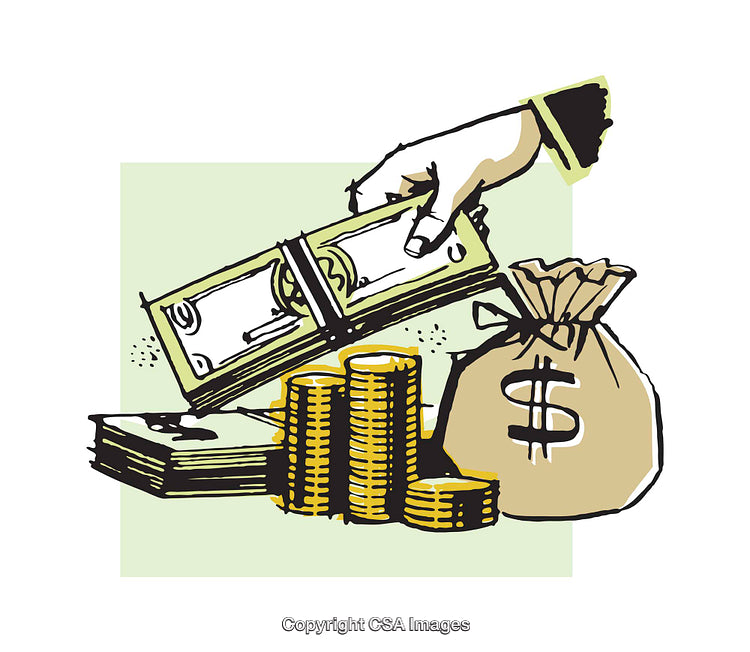 Hand Placing Cash with Coins and Money Bag in Color Illustration