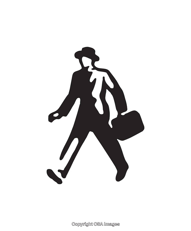 Black And White Illustration of a Walking Businessman Carrying a Briefcase