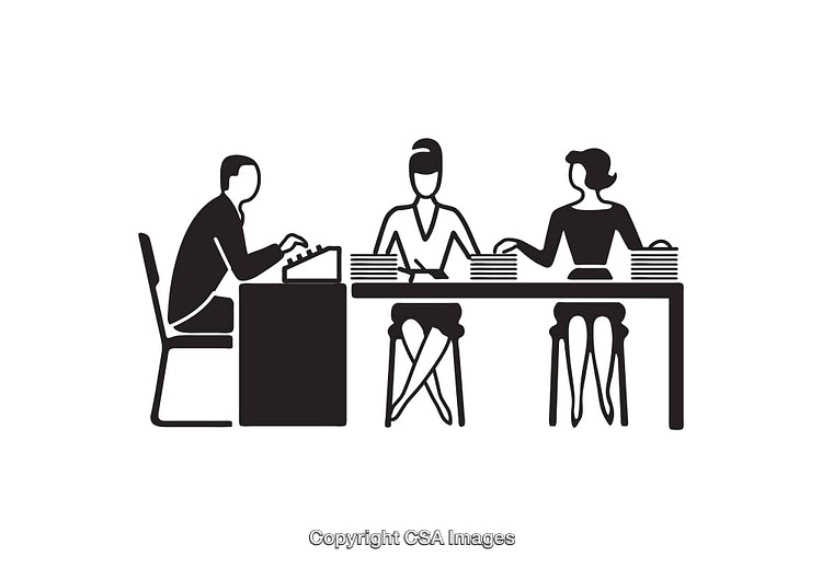 Minimalist Black and White Illustration of Office Workers at Desk
