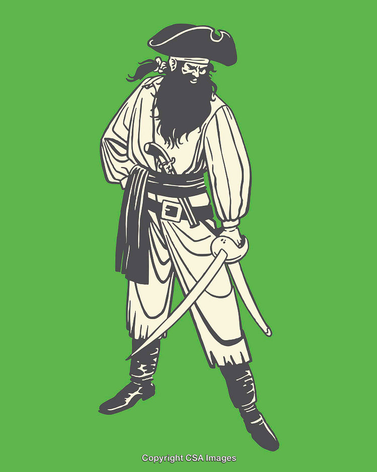 Colorful Line Art Illustration of a Pirate with Swords on Green Background