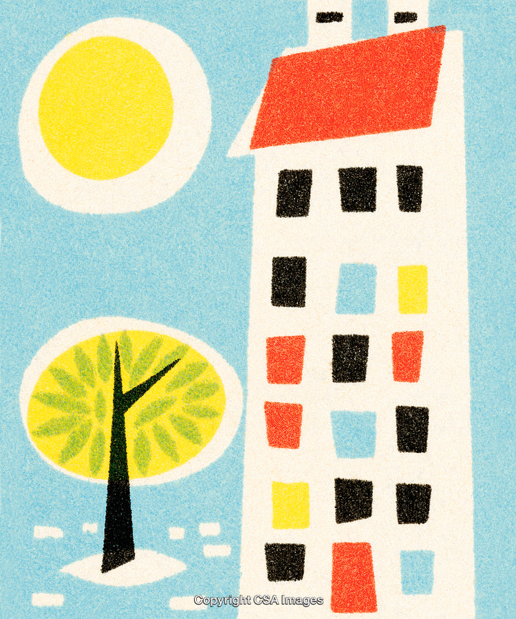 Colorful Modern Building and Tree in a Minimalist Artistic Style
