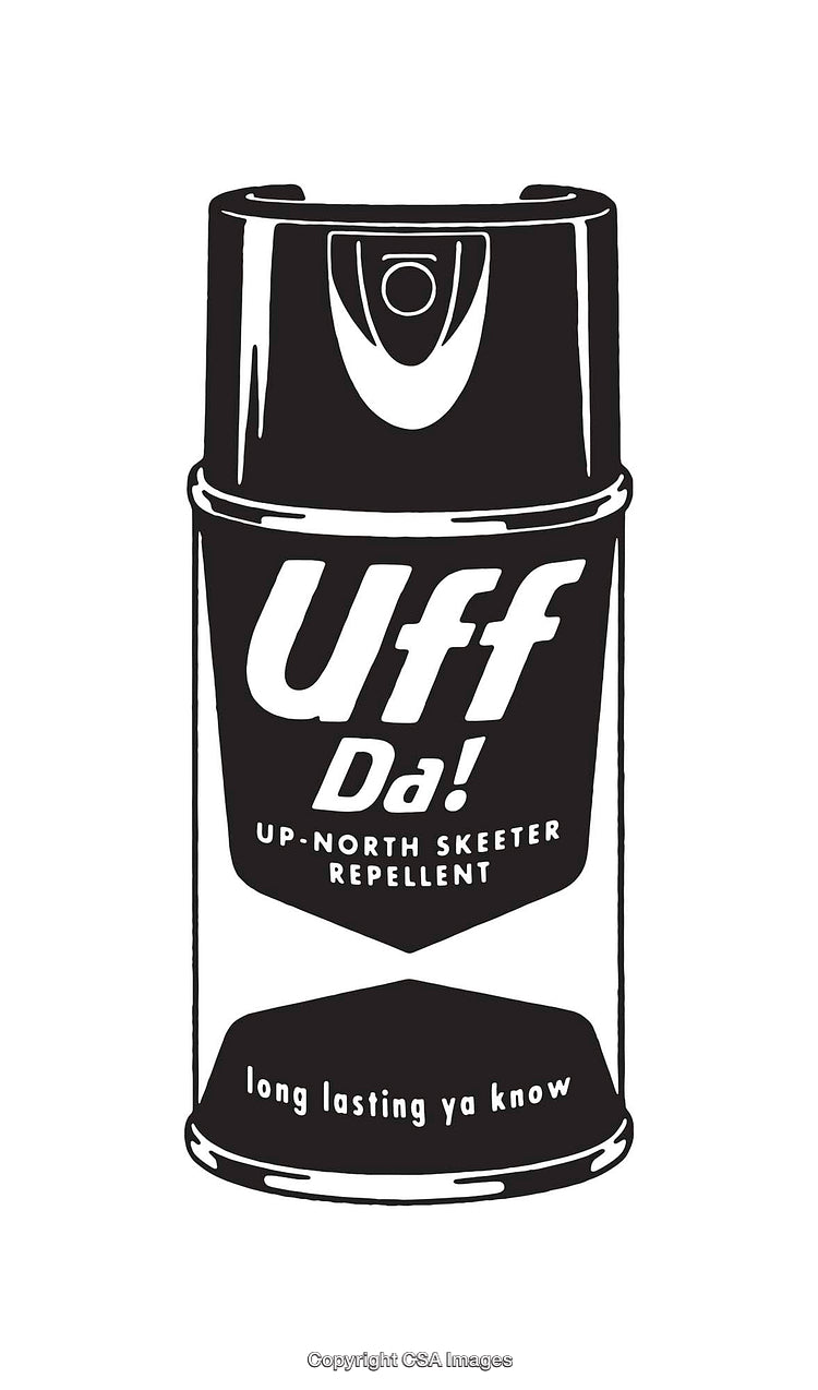 Black and White Illustration of a Humorful Skeeter Repellent Design