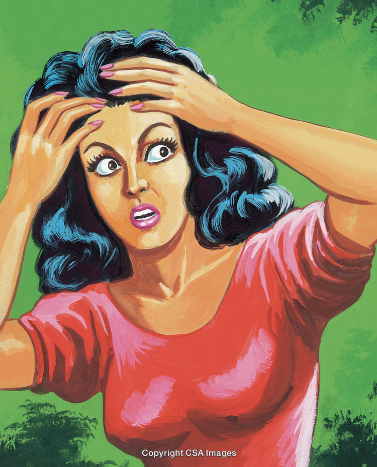 Retro Style Artwork of Surprised Woman in a Colorful Dramatic Scene