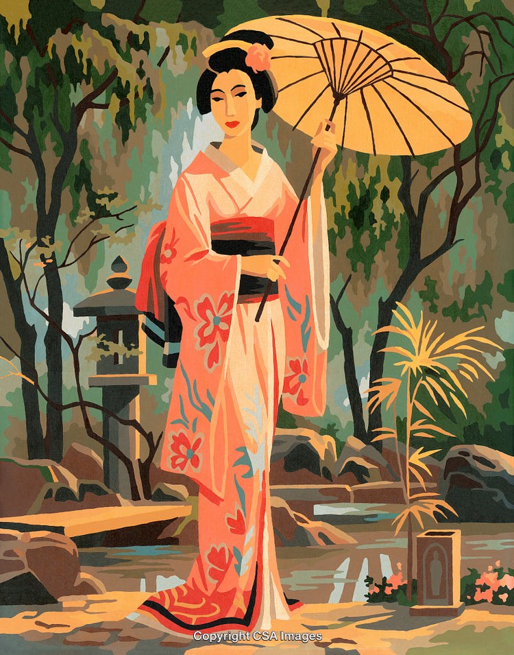 Traditional Woman in Beautiful Garden with Umbrella in Paint by Numbers Style