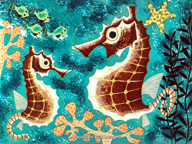 Vibrant Illustration of Seahorses and Marine Life in an Underwater Scene