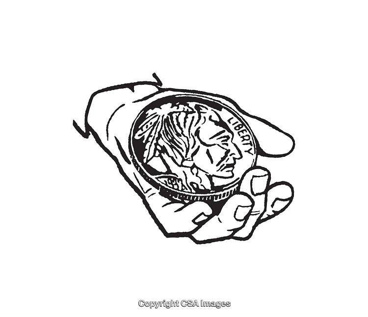 Black and White Line Art of Hand Holding a Coin