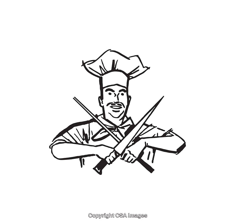 Chef Holding Crossed Knives in Black and White Line Art Illustration