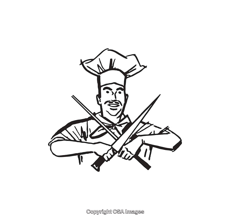 Chef Holding Crossed Knives in Black and White Line Art Illustration