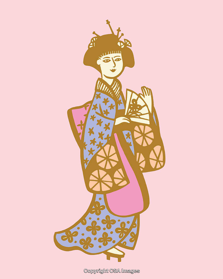 Color Line Art Illustration of a Geisha in Traditional Kimono