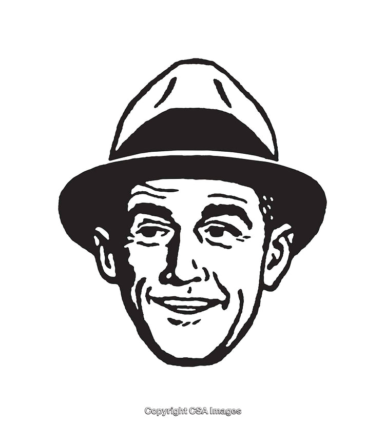 Black and White Line Art Illustration of a Smiling Man Wearing a Hat